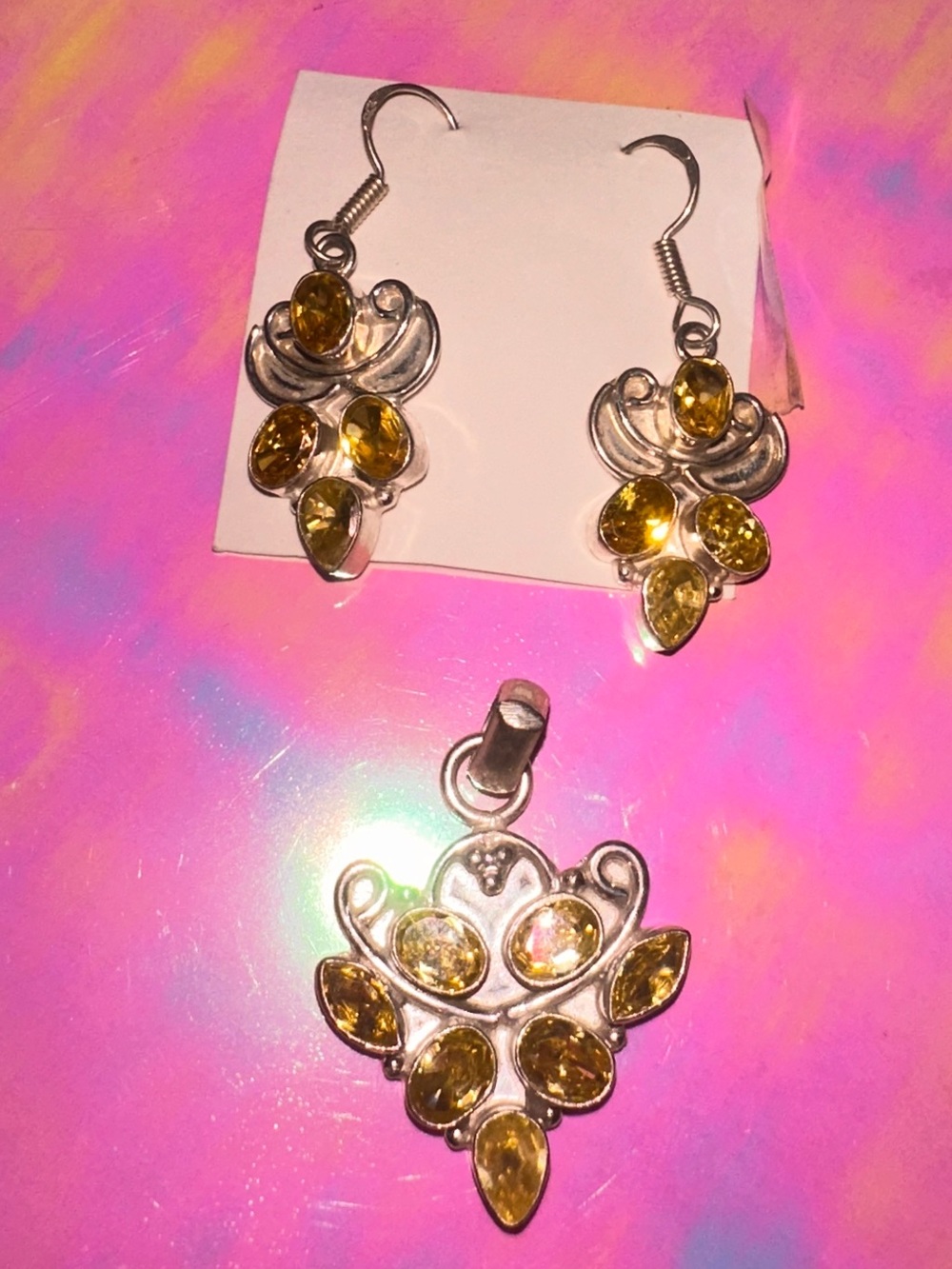 Citrine Crystal Gemstone Earring Pendant Set Silver